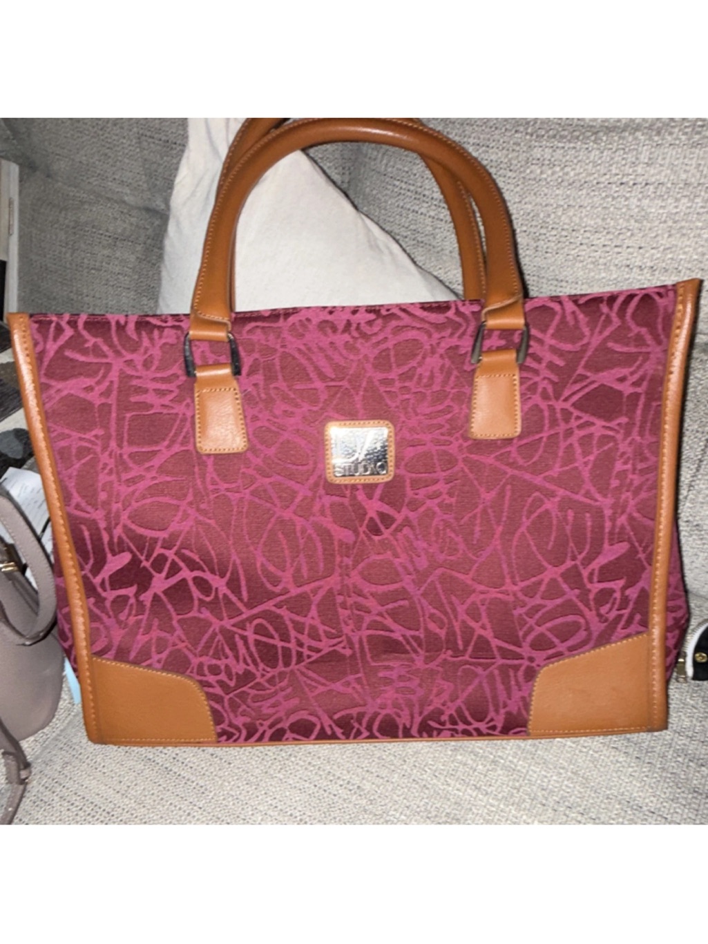 Diane Von Furstenberg Wine Pink Abstract Logo Tote With Tan Trim